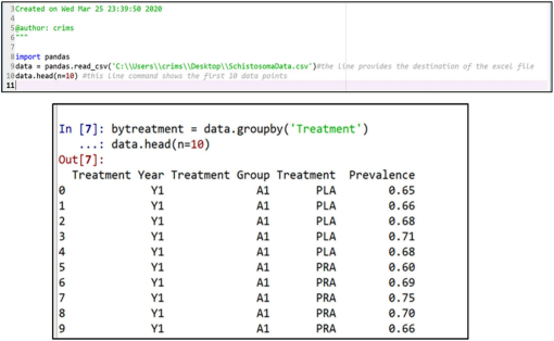 Top) Screenshot showing code for calculating summary statistics