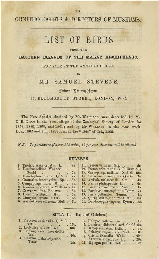 A Price List Of Birds Collected By Alfred Russel Wallace - 