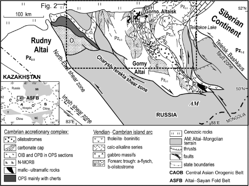 Simplified map of the Central Asian Orogenic Belt (CAOB). The map