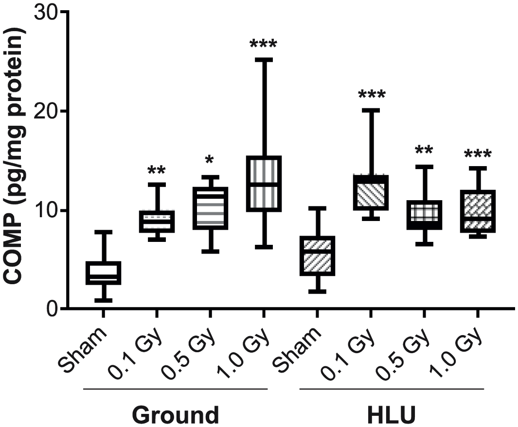 Knee And Hip Joint Cartilage Damage From Combined Spaceflight Hazards Of Low Dose Radiation Less Than 1 Gy And Prolonged Hindlimb Unloading