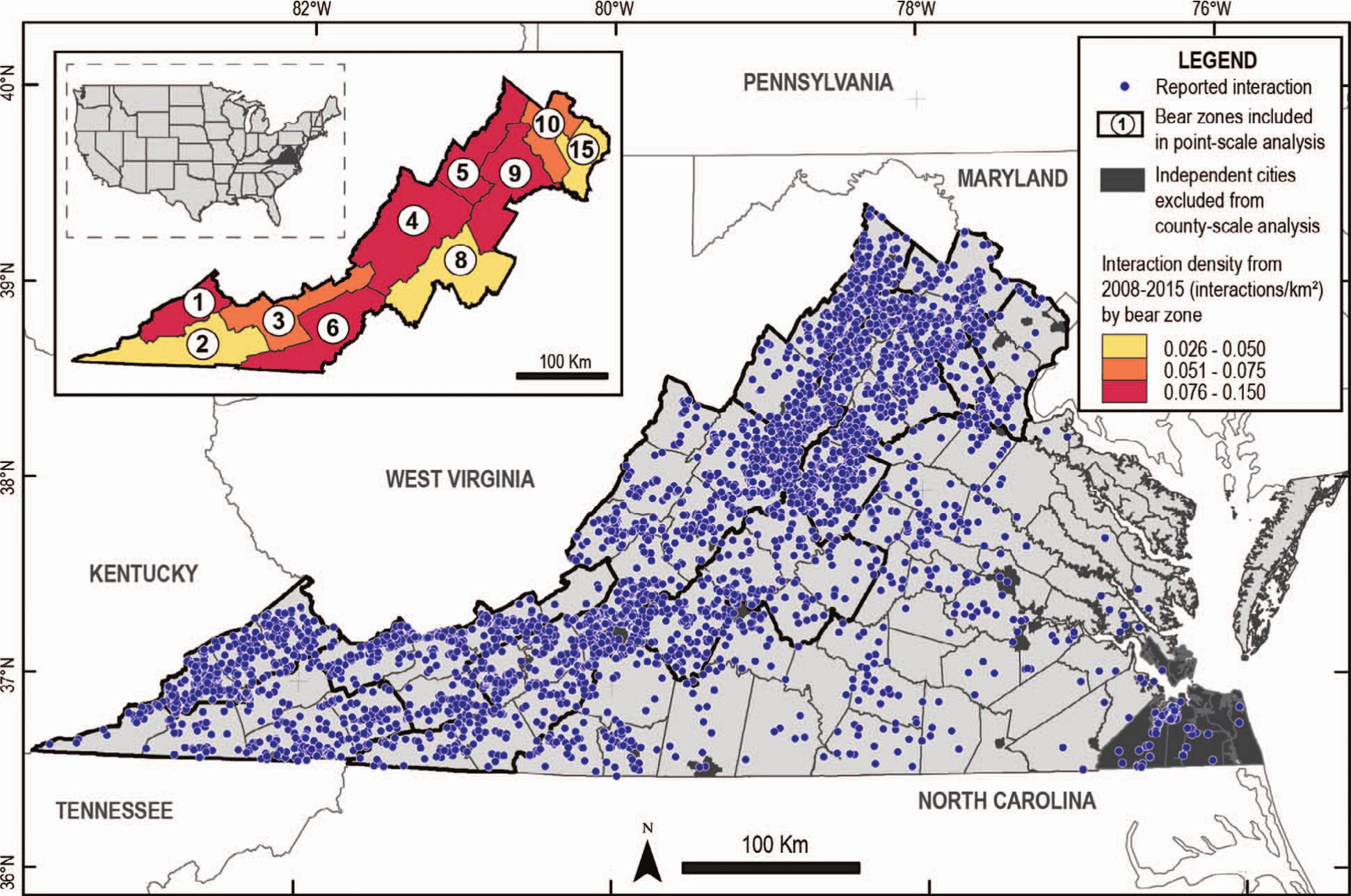 The spatial distribution of American black bear–human interactions in