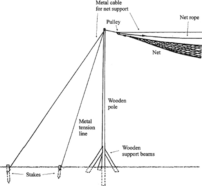 Diagram of a modified drop net and deployment: (A) drop net prior