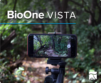 BioOne VISTA. Photo: A phone on a tripod with the video app open on a forest trail.