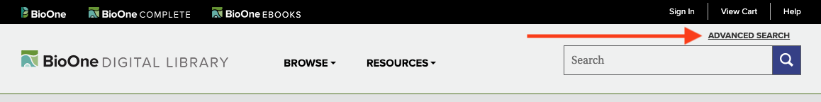 Close up of the search bar, in the black bar at the top of the screen. A red arrow points to the Advanced Search link.