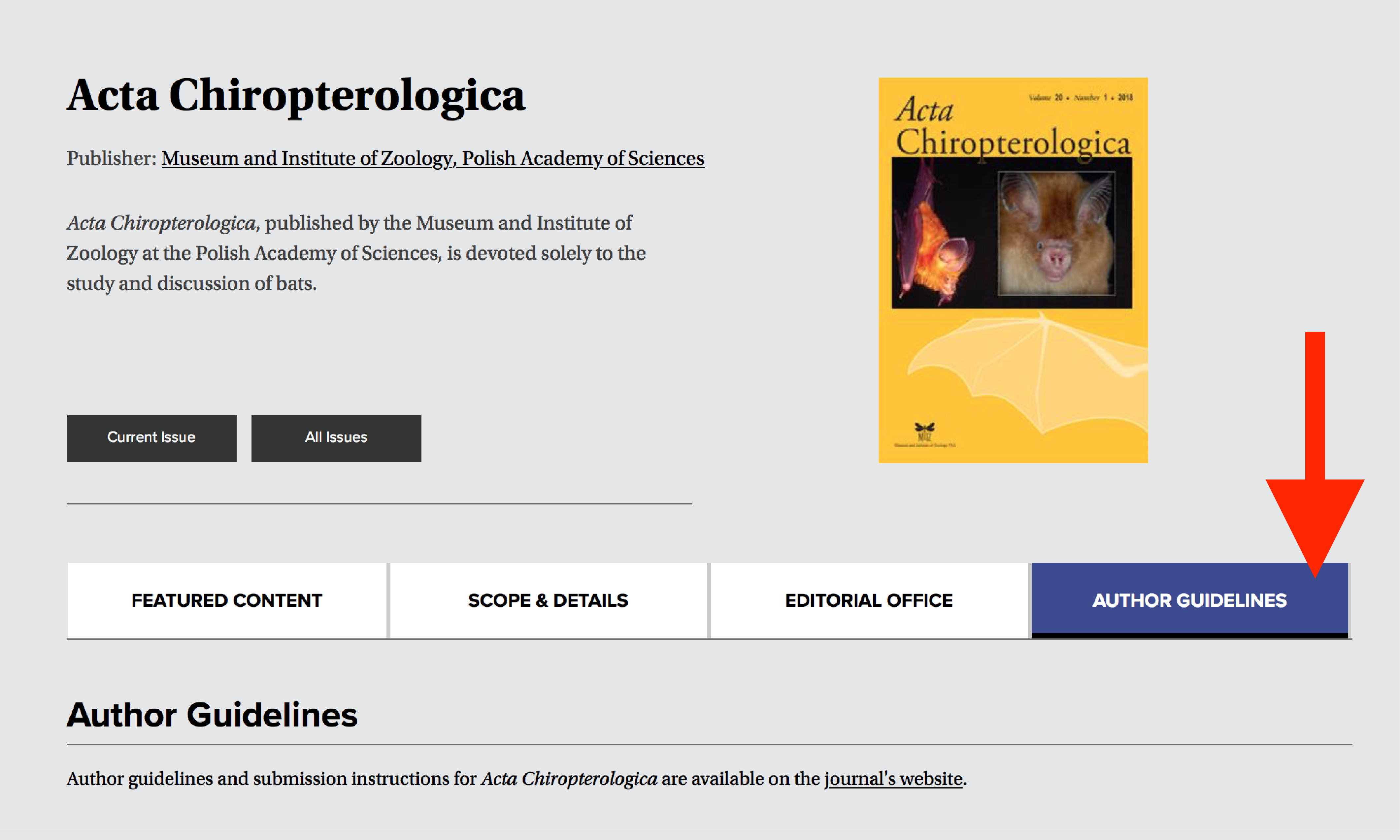 A screenshot of a journal's homepage, with a red arrow pointing to the Author Guidelines tab.