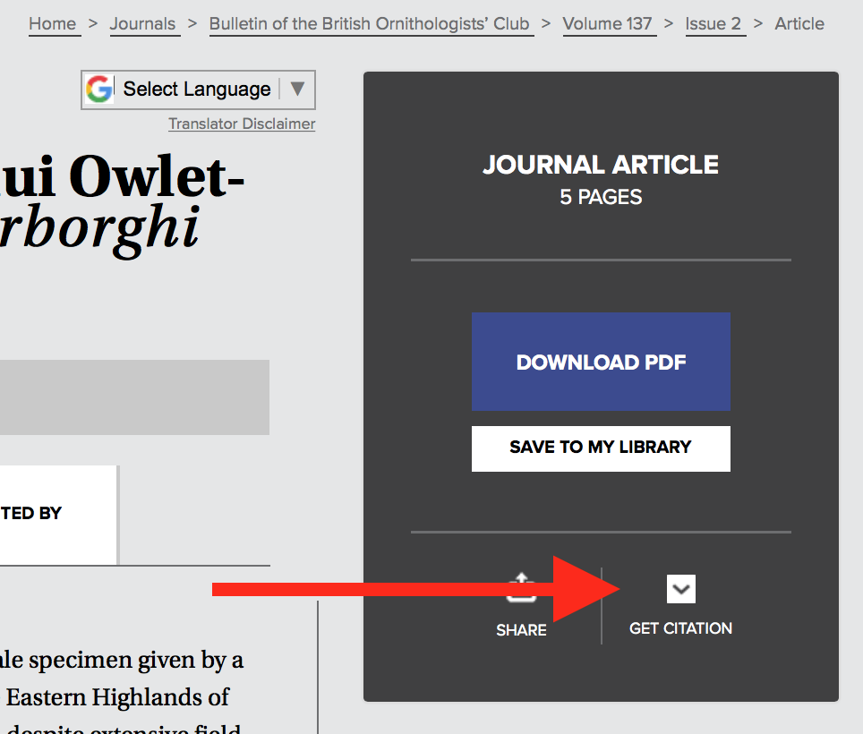 A screenshot of the black sidebar on an article's page with a red arrow identifying the Get Citation button.