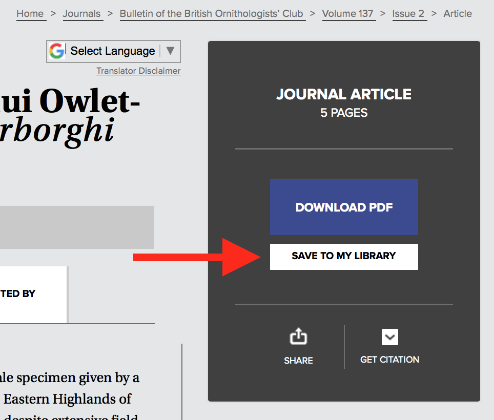 A screenshot of the black sidebar on an article's page, with a red arrow pointing to the "Save To Library" button.