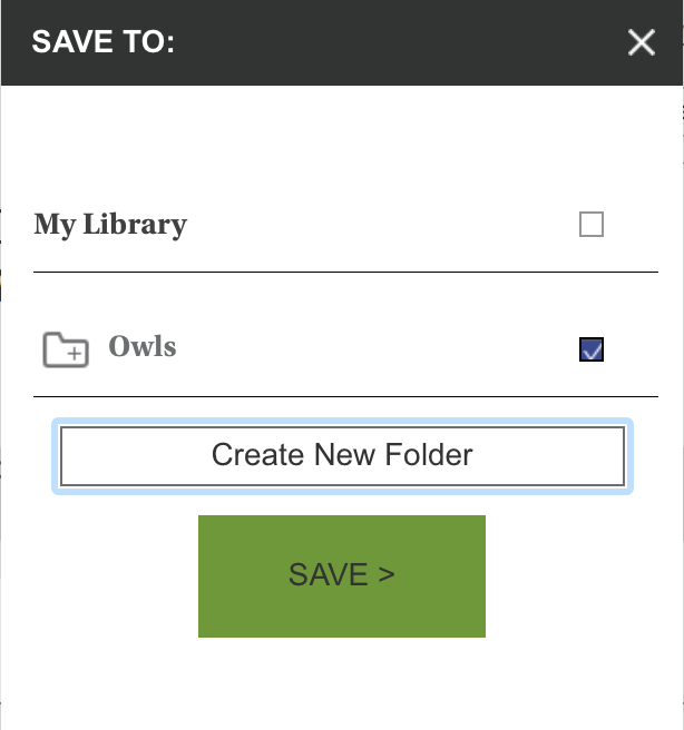 A screenshot of the My Library pop-up, showing the folders you can send an article to, as well as the button to create a new folder.