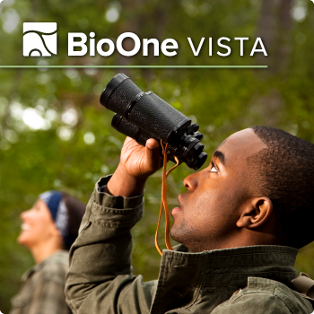 BioOne VISTA logo. Closeup on a profile of a person using binoculars, looking toward the upper-left corner. 