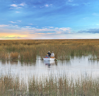 A small fishing boat in the center of a wetland in Bolivia.