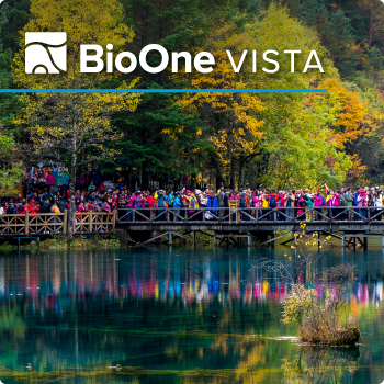 Autumn trees reflected in water with a wooden bridge and a crowd of tourists