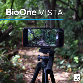 BioOne VISTA. Photo: A camera on a tripod in the middle of a forest trail. The screen is on, facing the viewer.