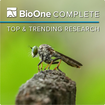 BioOne Complete logo. Top and Trending Research. Background is a profile of a robber fly at rest.