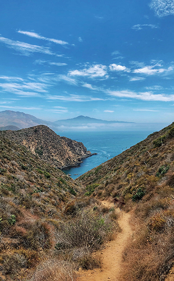 A foot path between two mountains in Baja California with the ocean in the distance.