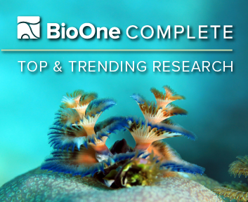 Top & Trending Research. BioOne Complete logo. Photo of Christmas tree worms on coral.