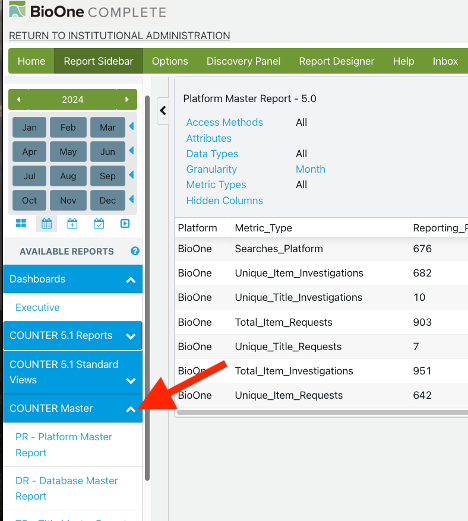 BioOne Complete institutional administration dashboard showing the location of the COUNTER Master drop-down menu.