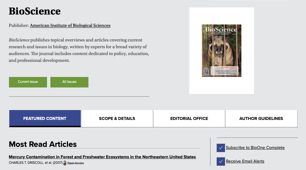 Screenshot of a publisher's page on the BioOne Digital Library