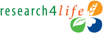 The Research For Life Logo. The logo is comprised of logo text (Research4Life) nestled into a clover. The remaining three leaves have small, designed cutouts: a green leaf, a blue heart, and an orange stalk of grain.