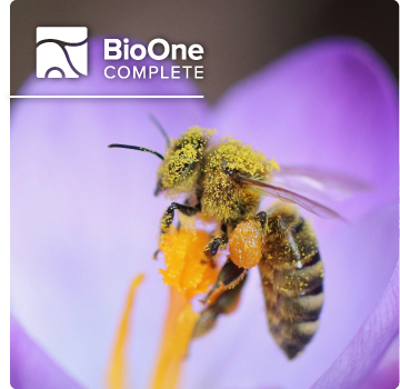 BioOne Complete logo. A bee covered in pollen sits on a crocus stamen