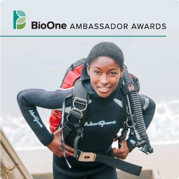 BioOne Ambassador Awards logo. 2023 BioOne Ambassador Dr. Xochitl Clare. It is night and Wood and a colleague wear headlamps.